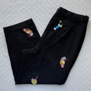 Vintage Women's Tiki Cocktails Embroidery On‎ Black Linen Blend Pants Medium
